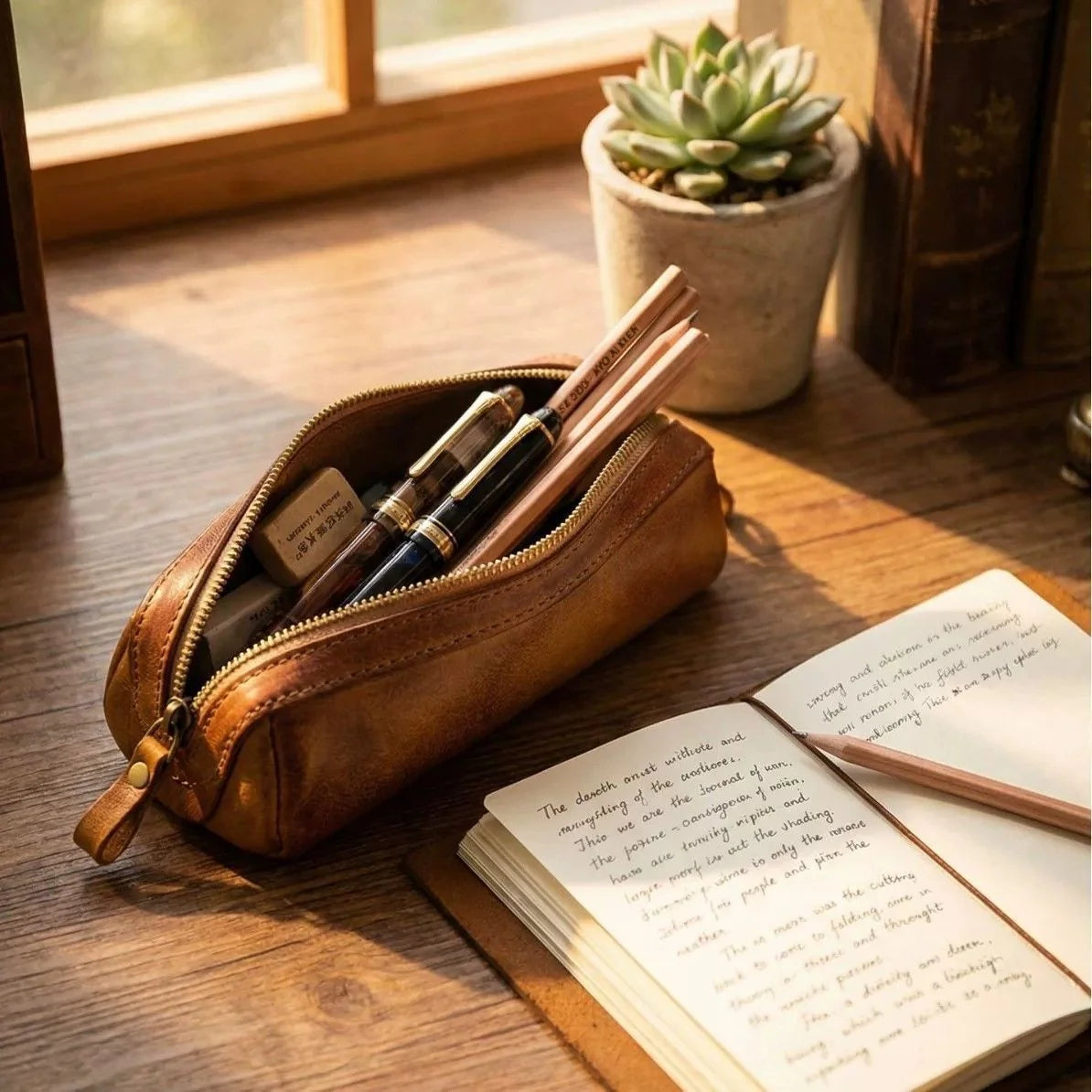 Pencil Case Leather Zipper Closure Spacious Design