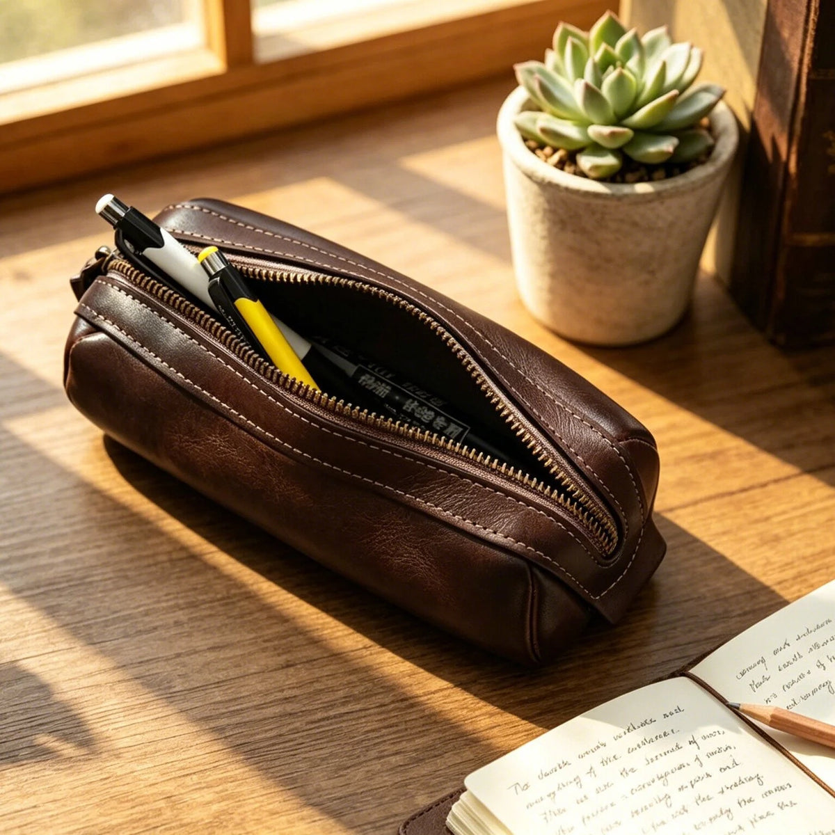 Pencil Case Leather Zipper Closure Spacious Design