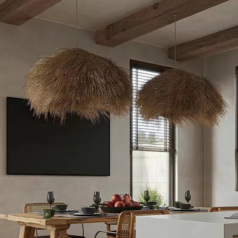 Pendant Light Handwoven Natural Straw Adjustable Cord