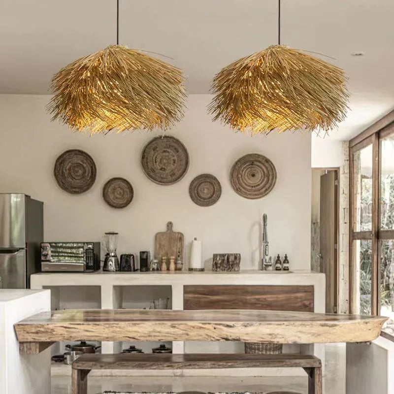 Pendant Light Handwoven Natural Straw Adjustable Cord