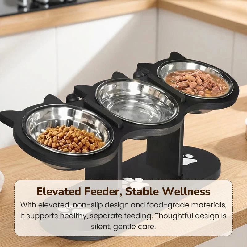 Pet Feeder Height-Adjustable Wooden Stand 3 Stainless Steel Bowls