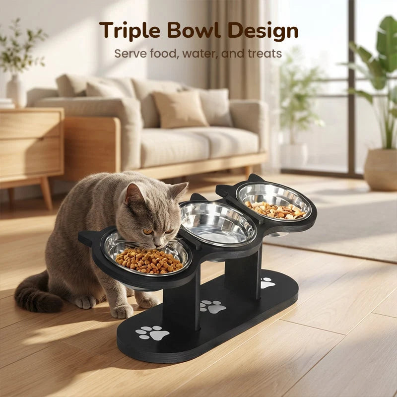 Pet Feeder Height-Adjustable Wooden Stand 3 Stainless Steel Bowls
