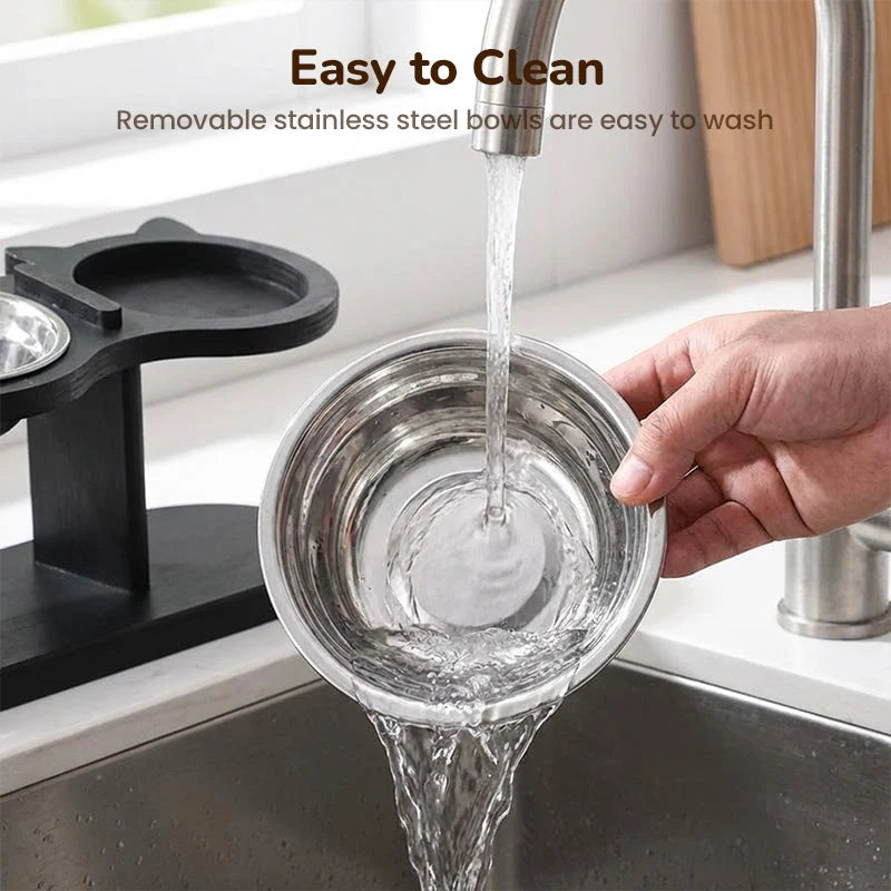 Pet Feeder Height-Adjustable Wooden Stand 3 Stainless Steel Bowls