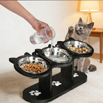 Pet Feeder Height-Adjustable Wooden Stand 3 Stainless Steel Bowls