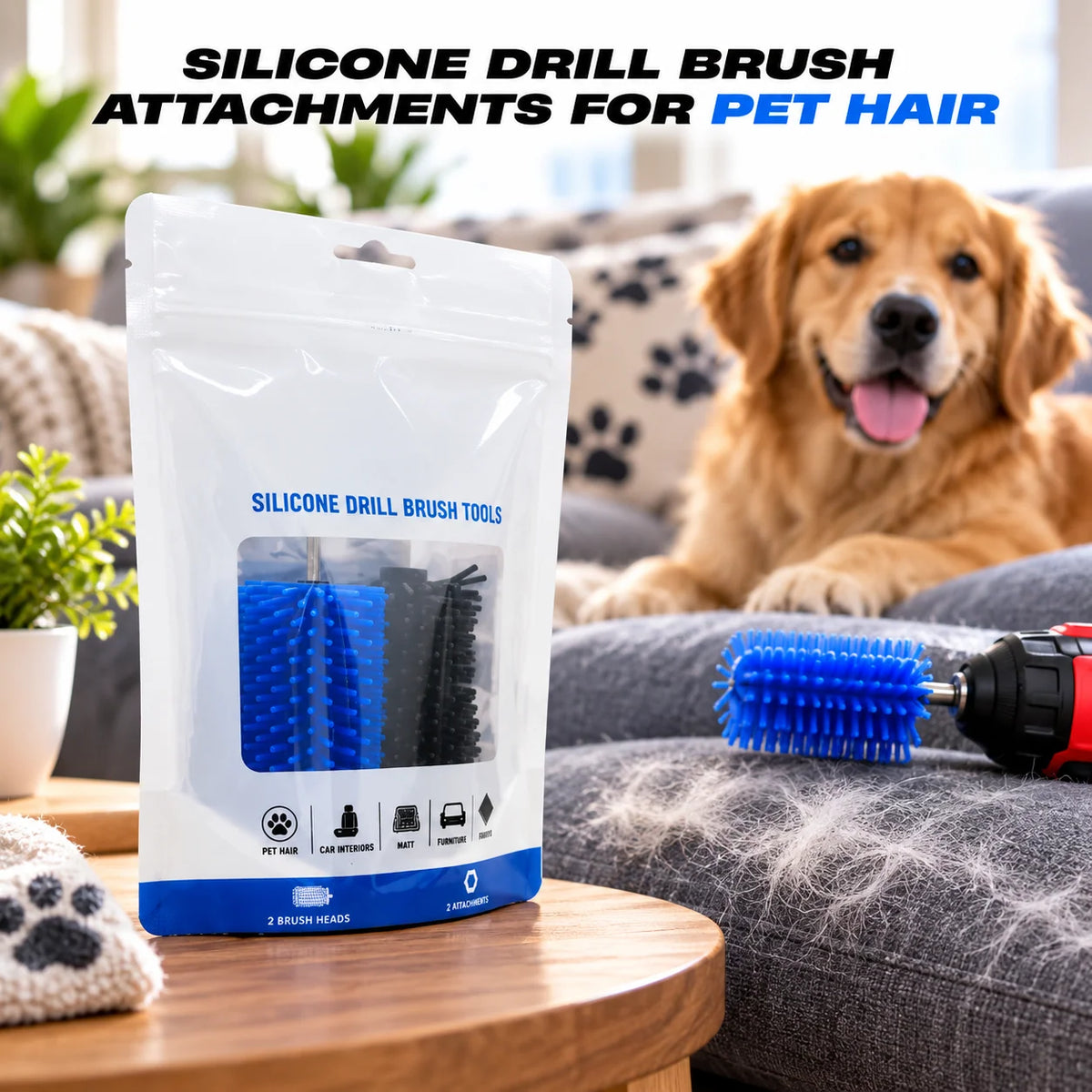 Pet Hair Drill Brush Set Silicone Bristles Set of 2
