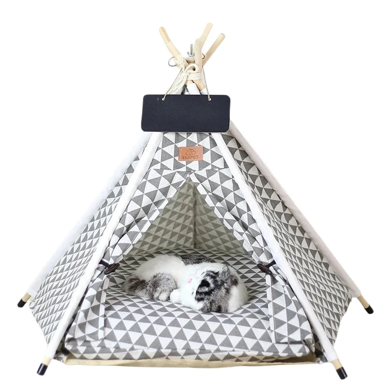 Pet Teepee Canvas With Pine Poles & Washable Cushion