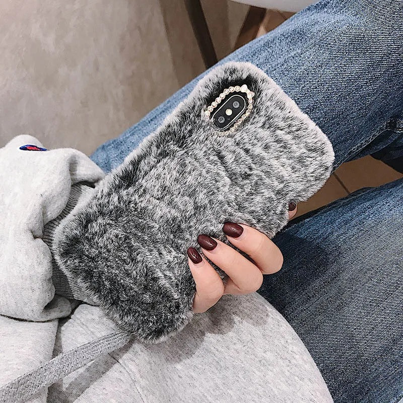 Phone Case 3D Rabbit Fur Cozy Grip Scratch-Resistant Protection