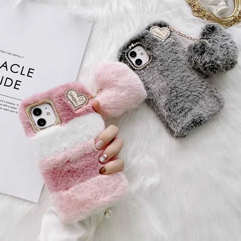 Phone Case 3D Rabbit Fur Cozy Grip Scratch-Resistant Protection