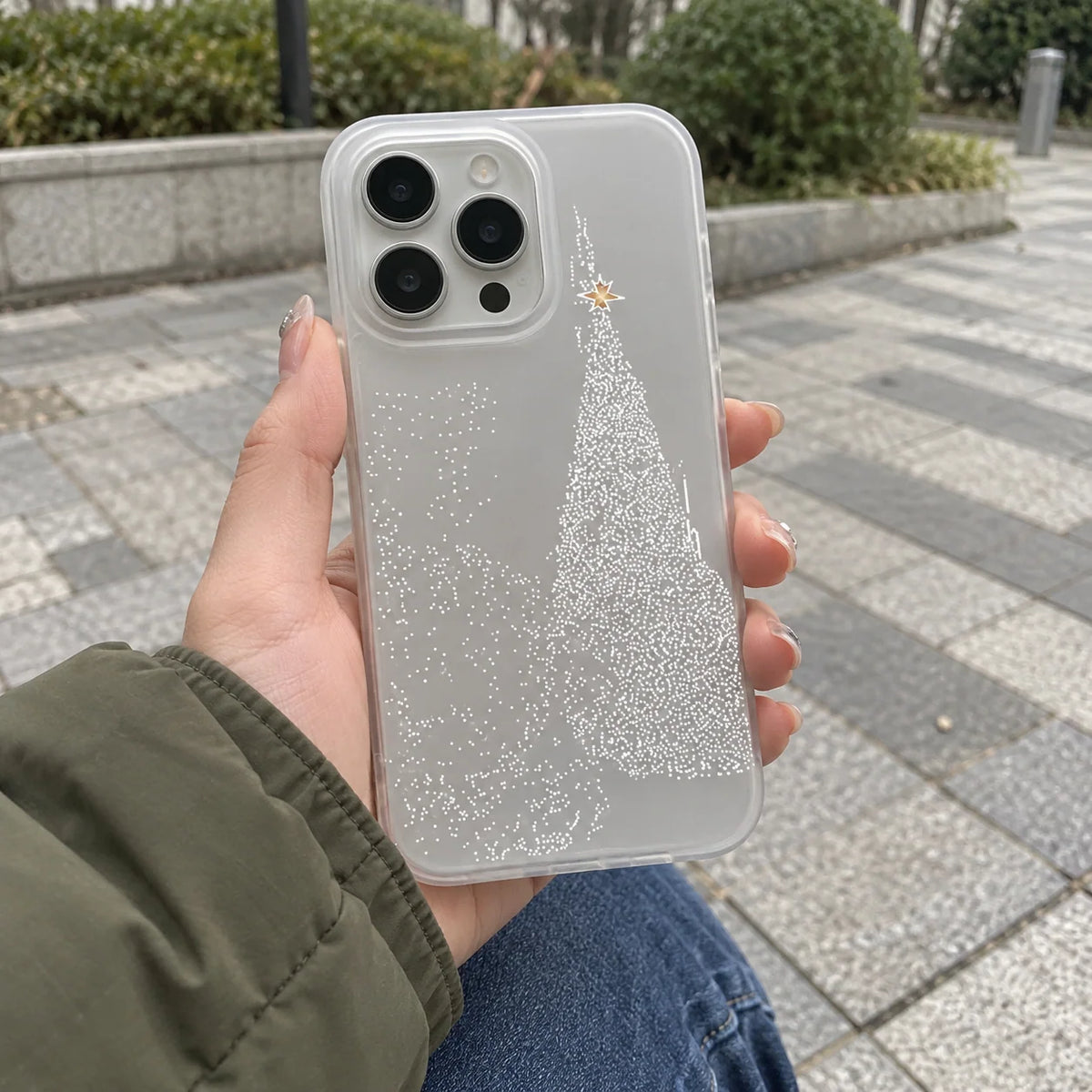 Phone Case Clear Christmas Tree Design & Snow Details