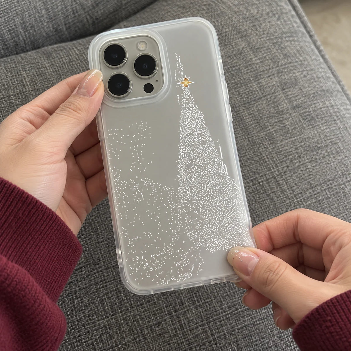 Phone Case Clear Christmas Tree Design & Snow Details