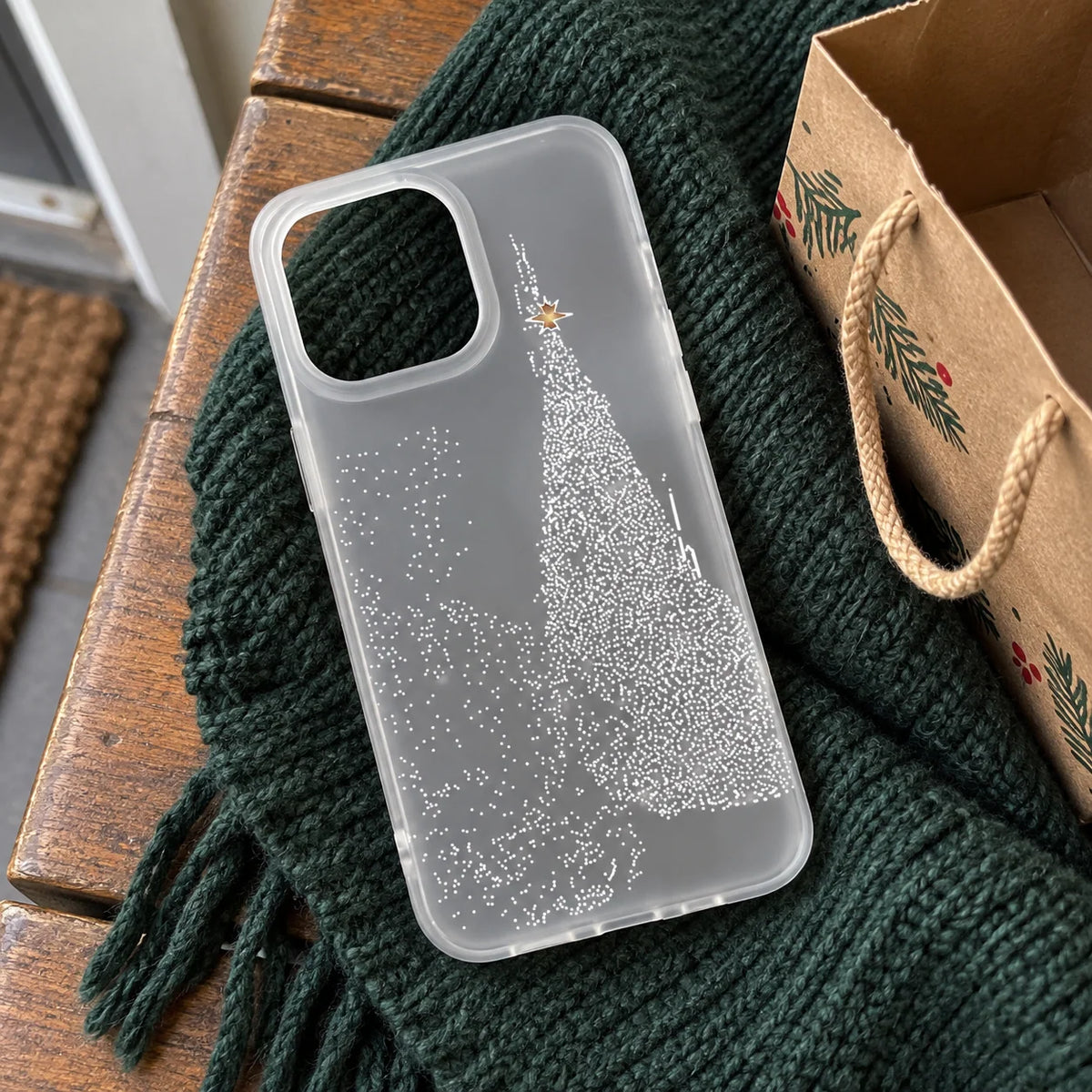 Phone Case Clear Christmas Tree Design & Snow Details