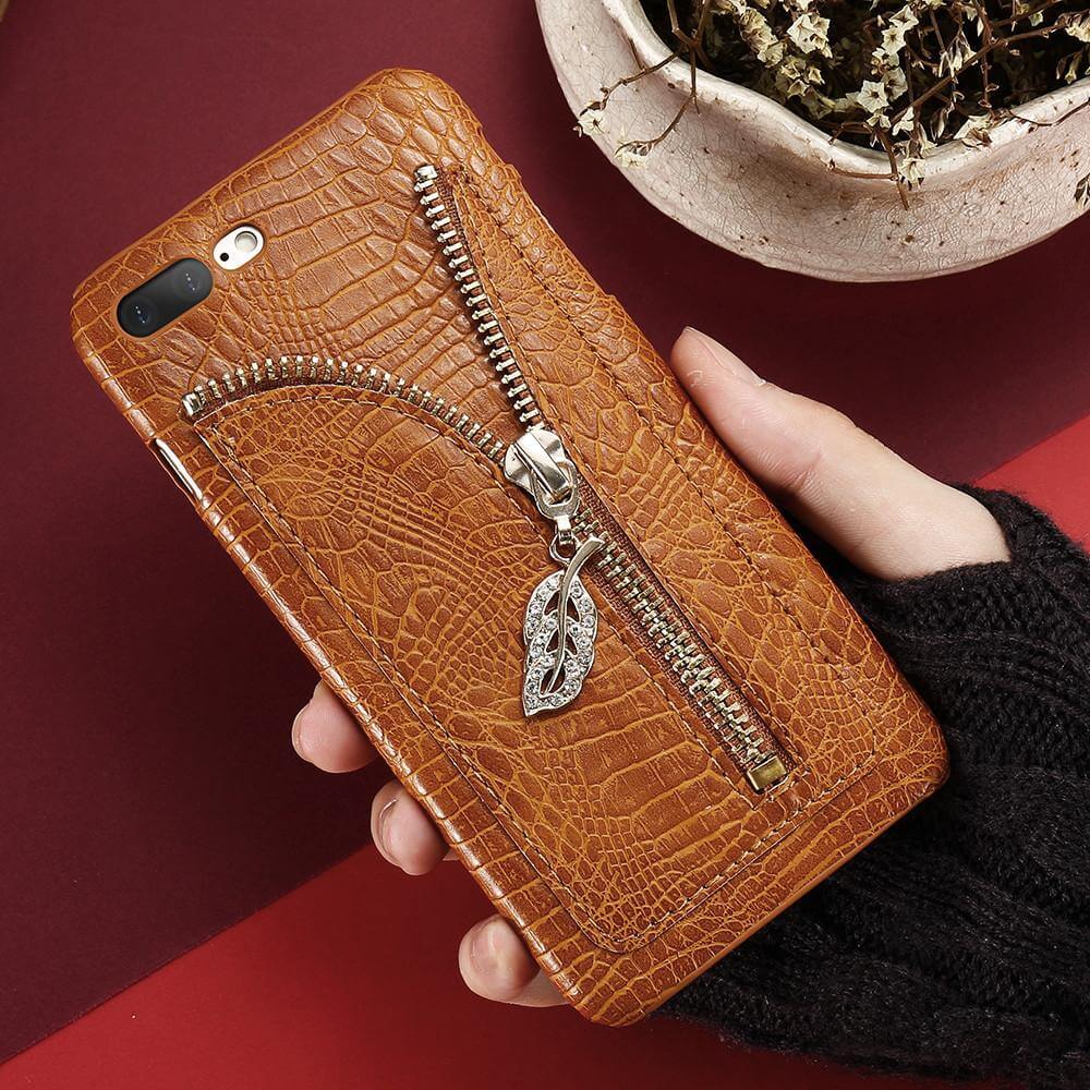 Phone Case Crocodile Grain Card Slot Zipper Closure