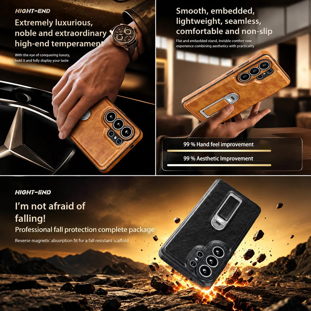 Phone Case Genuine Leather Adjustable Stand Magnetic Wireless Charging