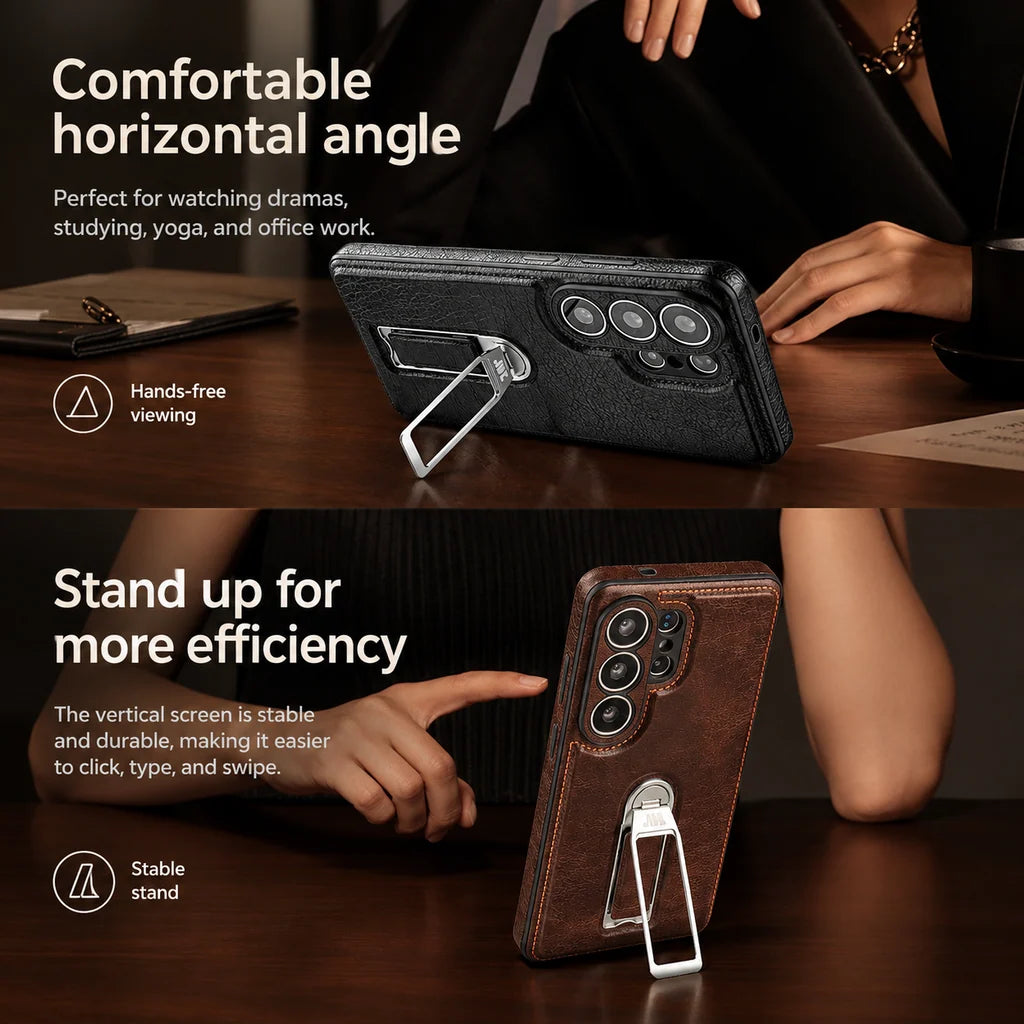 Phone Case Genuine Leather Adjustable Stand Magnetic Wireless Charging