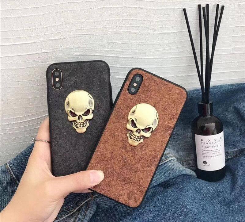 Phone Case Genuine Leather Skull Design Impact-Resistant