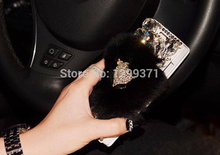 Phone Case Rabbit Fur Leather Rhinestone Dirt-Resistant