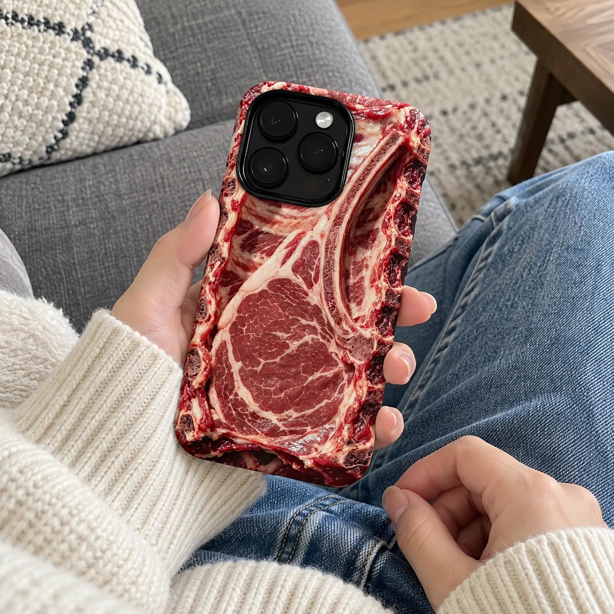 Phone Case Raw Steak Print ABS Wrapped Edges