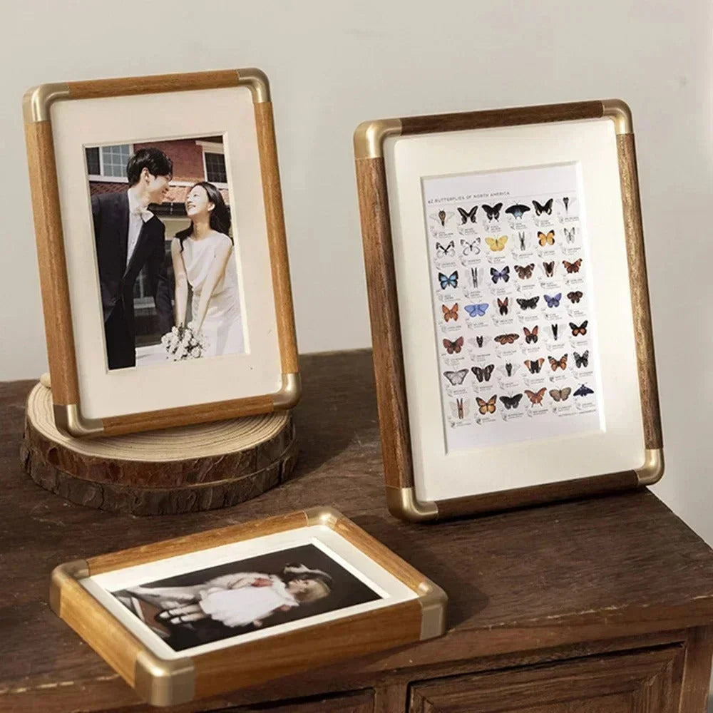 Photo Frame Solid Wood Brass Corners Freestanding Portrait & Landscape Display