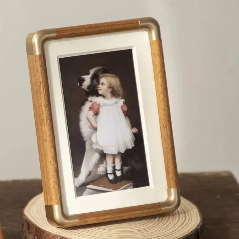 Photo Frame Solid Wood Brass Corners Freestanding Portrait & Landscape Display