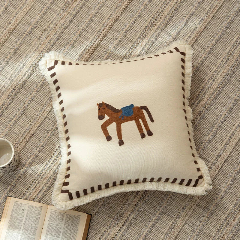 Pillow Cover Cotton Blend Embroidered Applique & Fringe