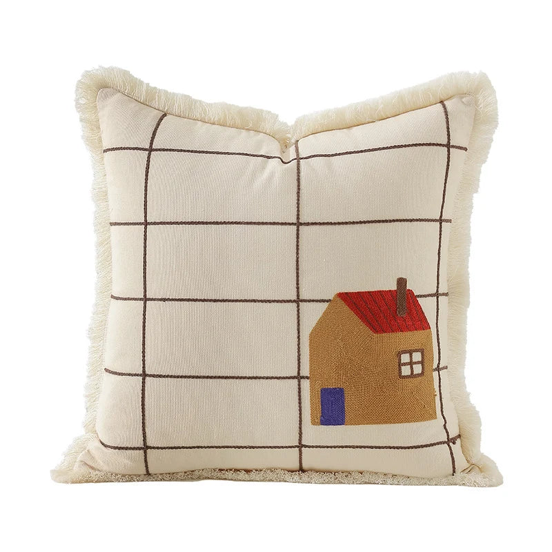 Pillow Cover Cotton Blend Embroidered Applique & Fringe