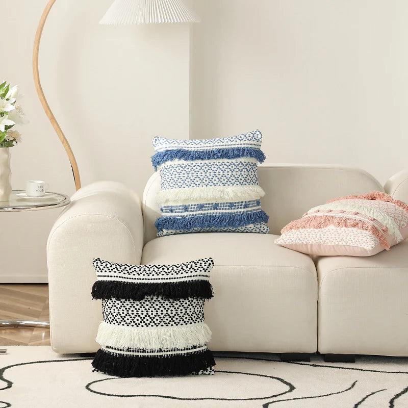 Pillow Cover Cotton Blend Woven Dot Tufting & Fringe