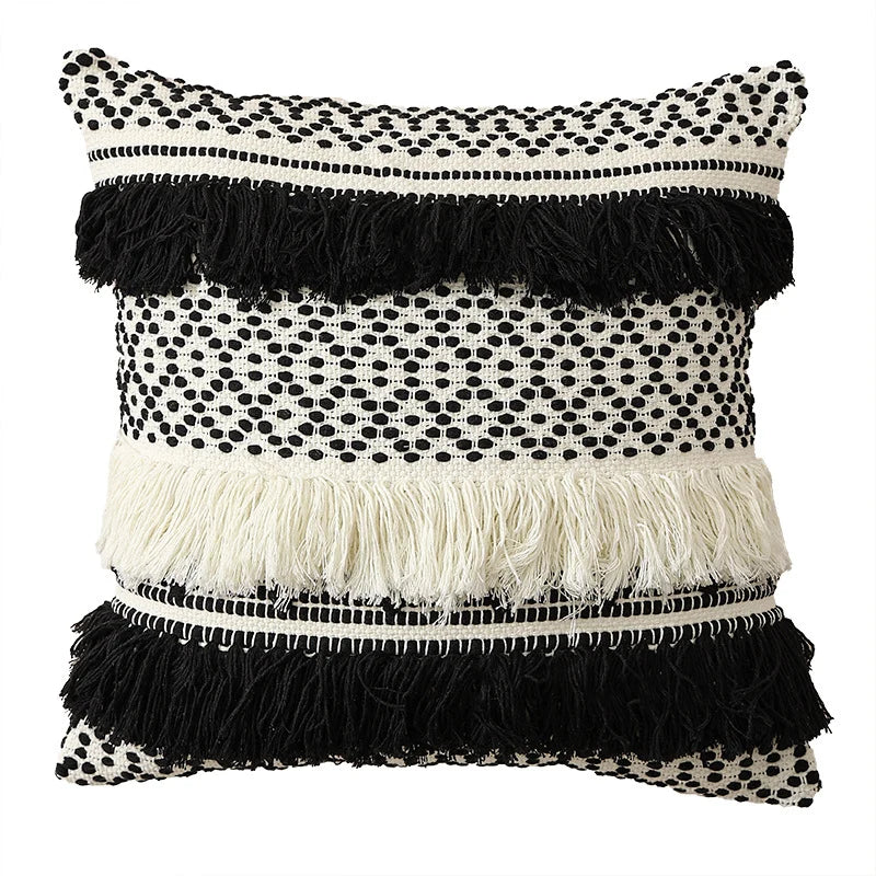 Pillow Cover Cotton Blend Woven Dot Tufting & Fringe