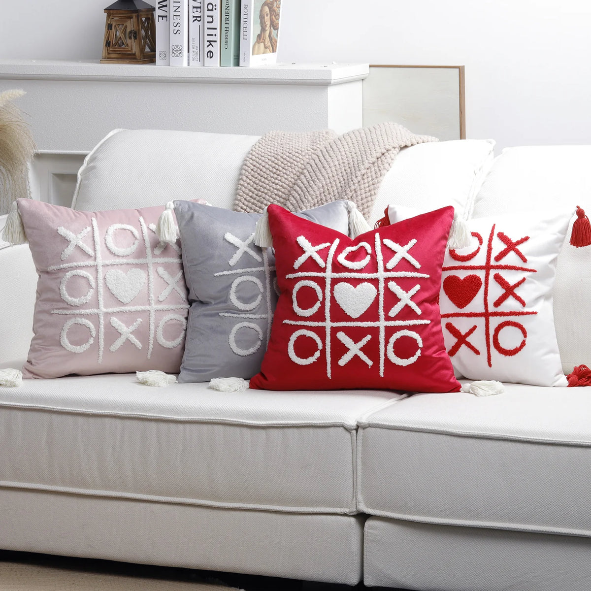 Pillow Cover Cotton-Linen Fuzzy Heart & Tassel Corners