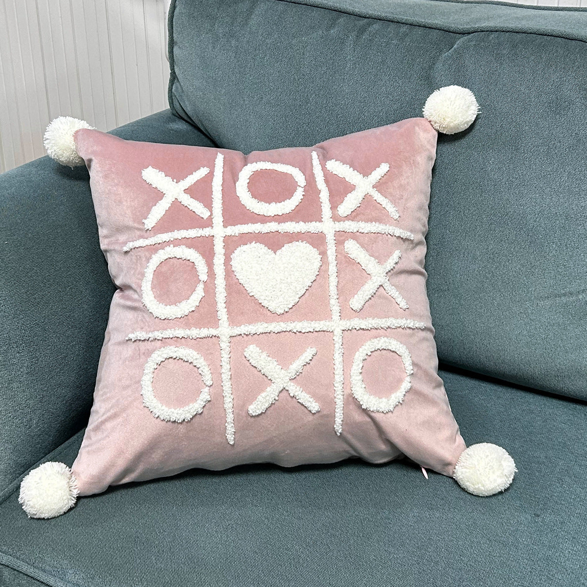Pillow Cover Cotton-Linen Fuzzy Heart & Tassel Corners