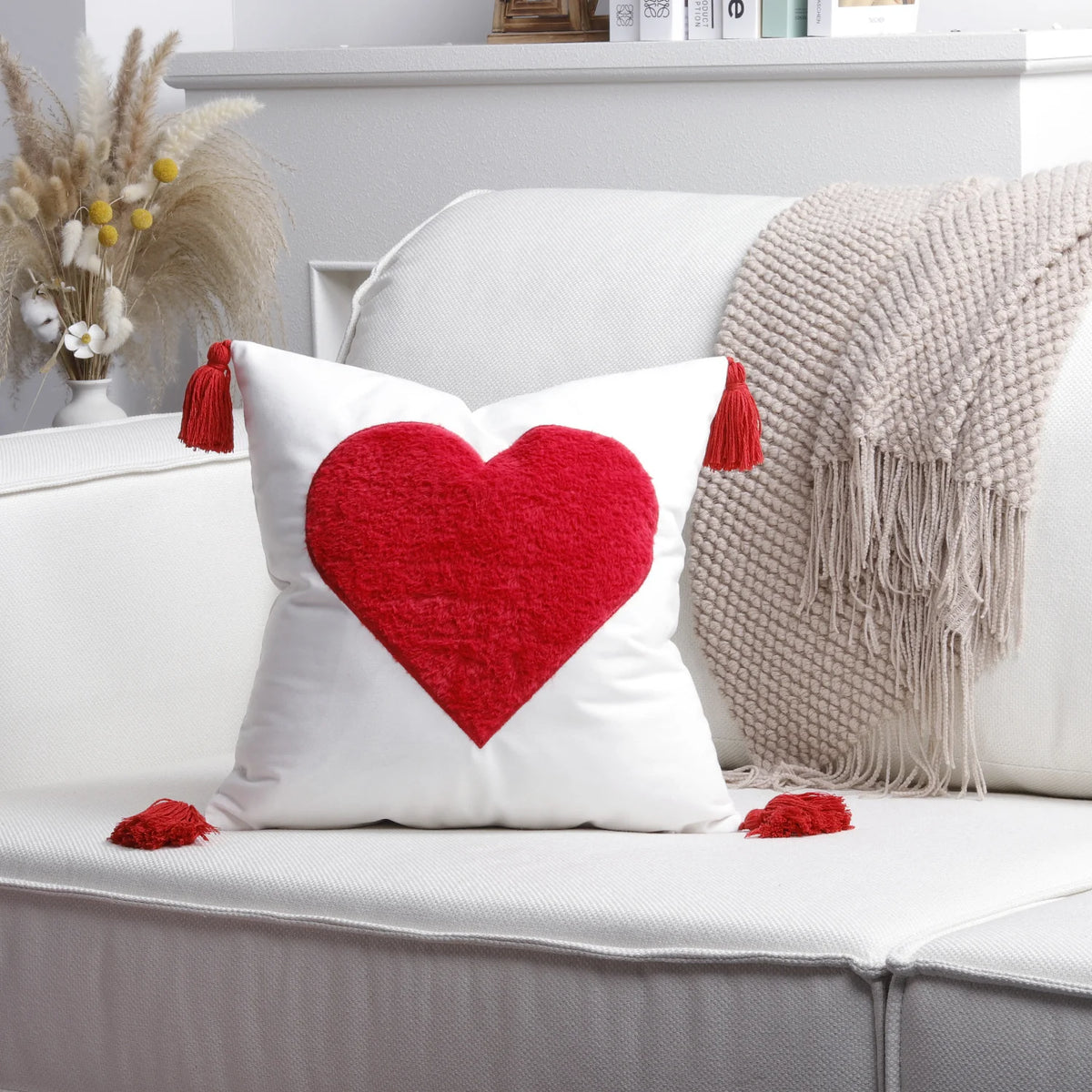 Pillow Cover Cotton-Linen Fuzzy Heart & Tassel Corners