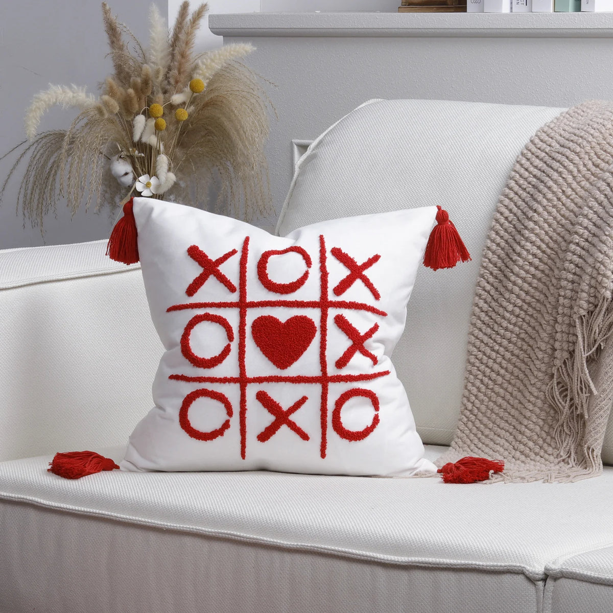 Pillow Cover Cotton-Linen Fuzzy Heart & Tassel Corners