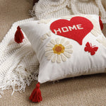 Pillow Cover Cotton-Linen Fuzzy Heart & Tassel Corners