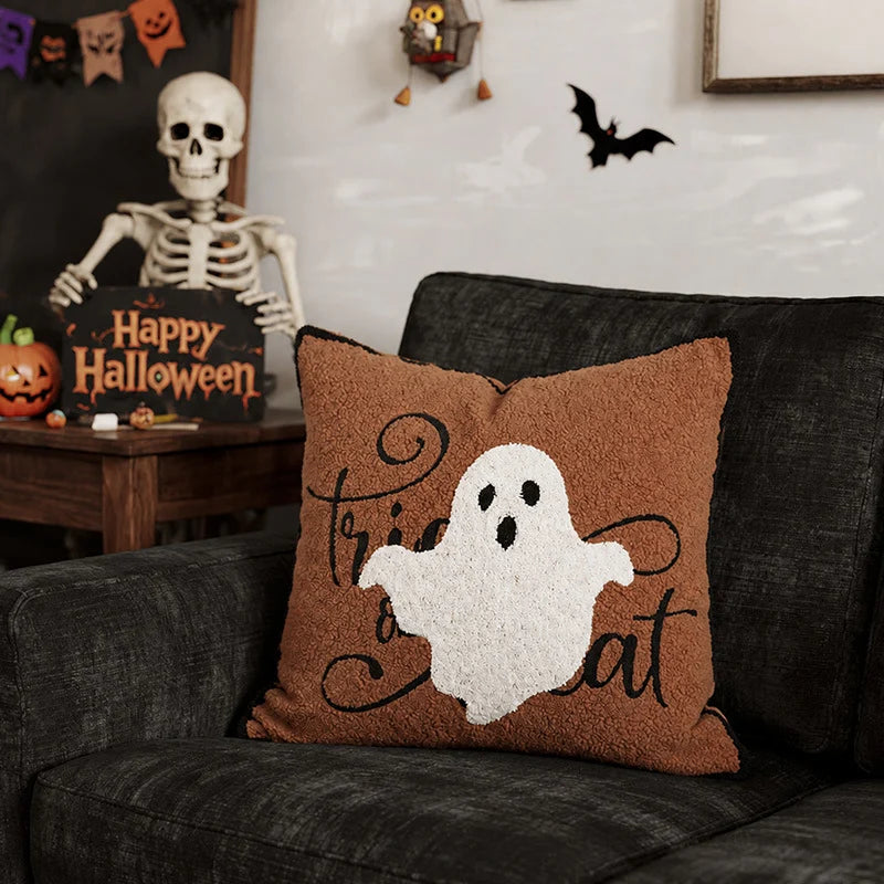 Pillow Cover Embroidered Ghost Teddy Fleece & Concealed Zipper