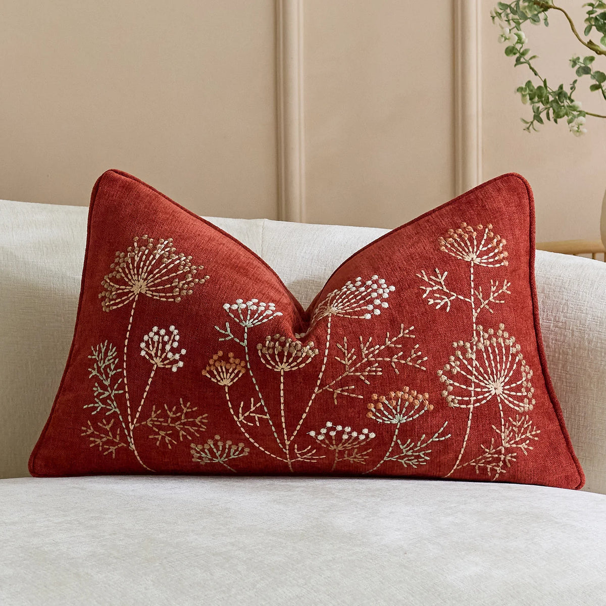 Pillow Cover Embroidered Linen-Blend Hidden Zipper