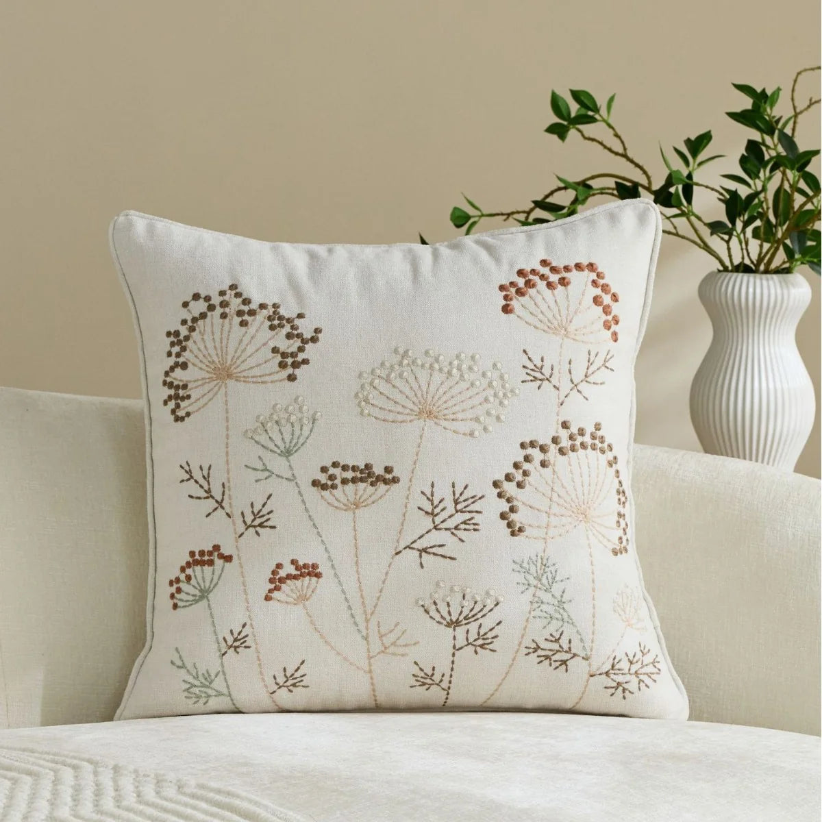 Pillow Cover Embroidered Linen-Blend Hidden Zipper