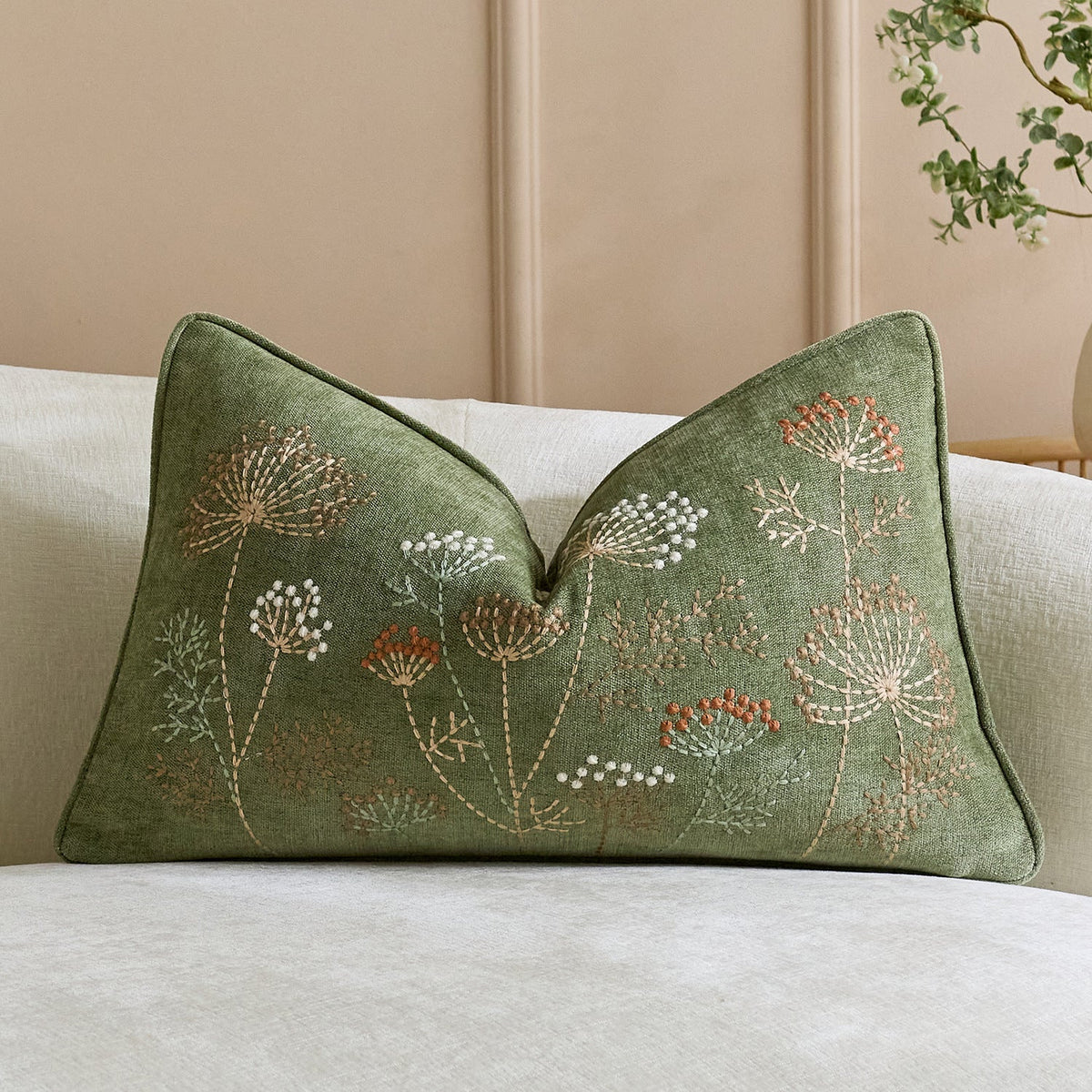 Pillow Cover Embroidered Linen-Blend Hidden Zipper