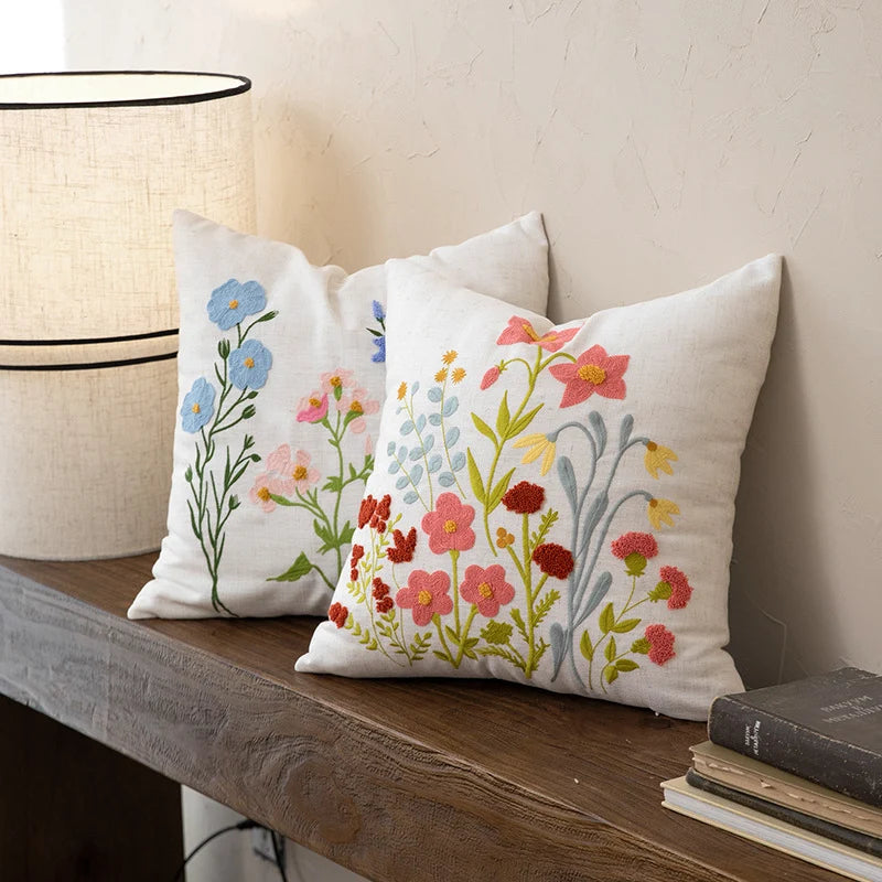 Pillow Cover Hand-Embroidered Linen-Look Hidden Zipper 18x18