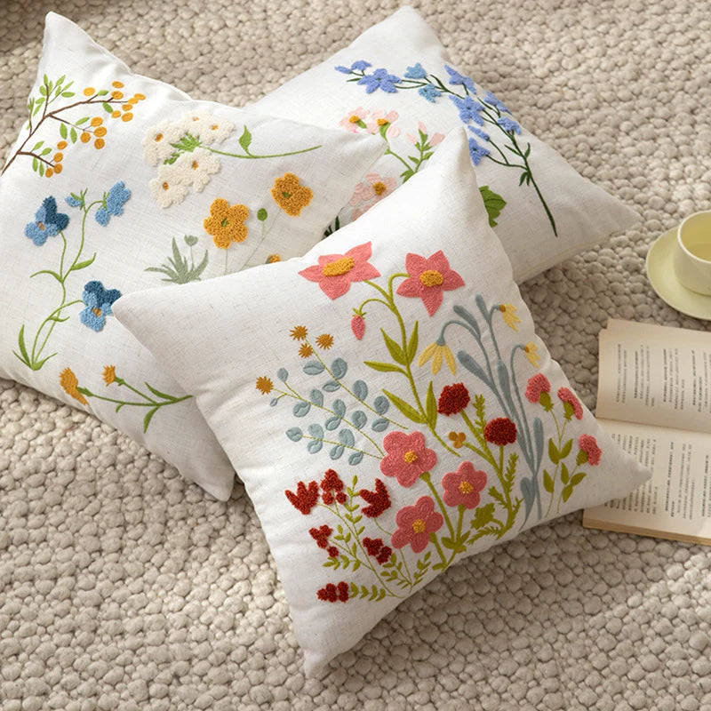 Pillow Cover Hand-Embroidered Linen-Look Hidden Zipper 18x18