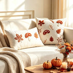 Pillow Cover Hand-Embroidered Mushroom & Oak Leaf Cotton-Linen