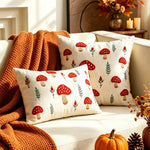 Pillow Cover Hand-Embroidered Mushroom & Oak Leaf Cotton-Linen