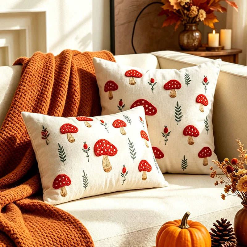 Pillow Cover Hand-Embroidered Mushroom & Oak Leaf Cotton-Linen