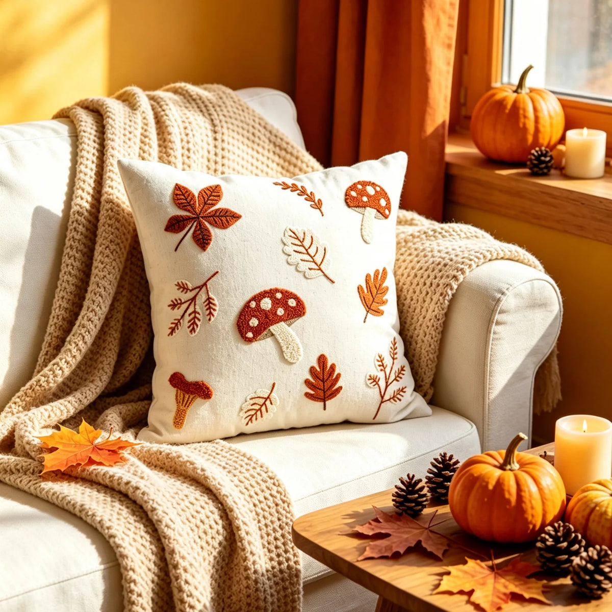 Pillow Cover Hand-Embroidered Mushroom & Oak Leaf Cotton-Linen