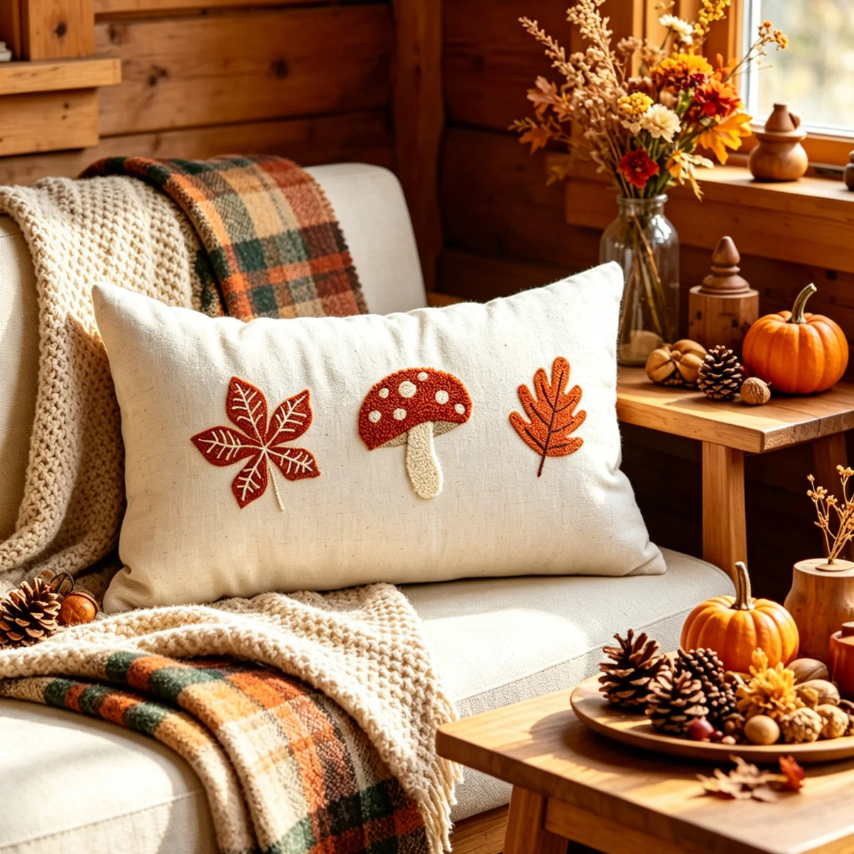 Pillow Cover Hand-Embroidered Mushroom & Oak Leaf Cotton-Linen
