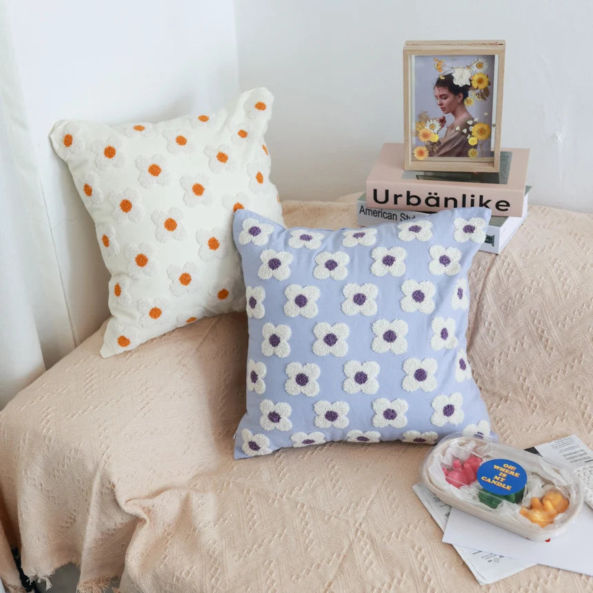 Pillow Cover Hand-Tufted Bouclé Floral Linen-Touch