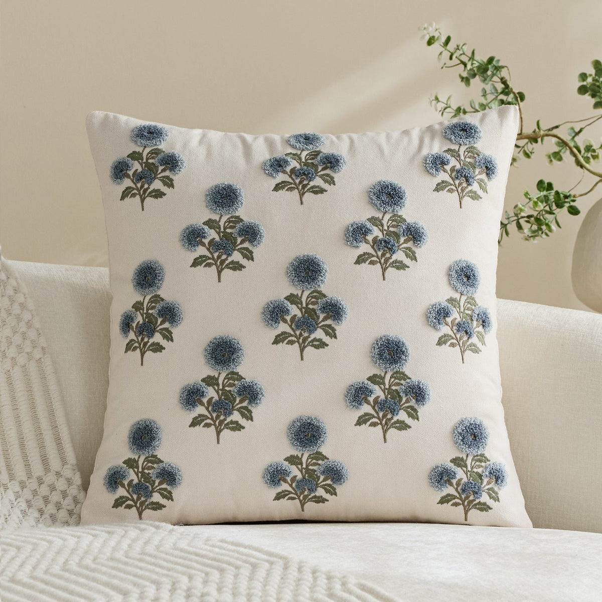 Pillow Cover Hand-Tufted Floral Cotton-Linen Hidden Zipper