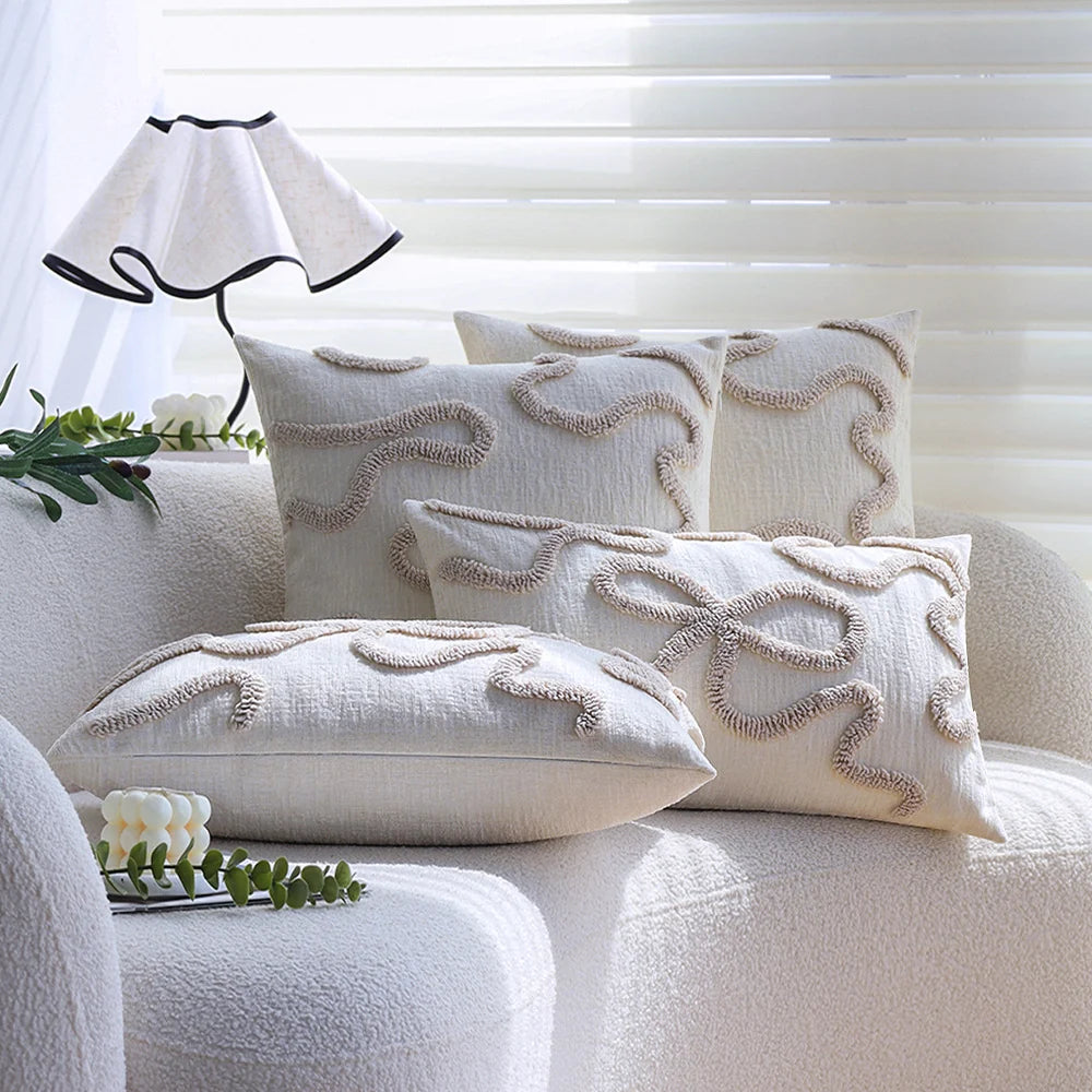 Pillow Cover Hand-Tufted Wave Texture Cotton-Linen Blend Hidden Zipper