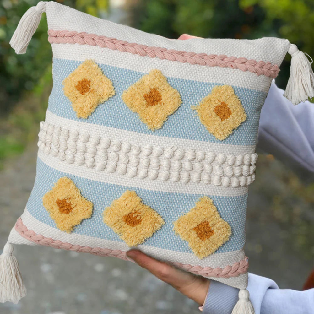 Pillow Cover Handcrafted Tufted Diamond & Tassels Cotton 45x45
