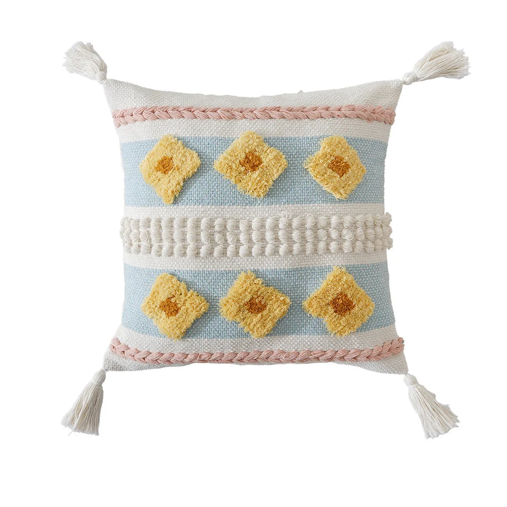 Pillow Cover Handcrafted Tufted Diamond & Tassels Cotton 45x45