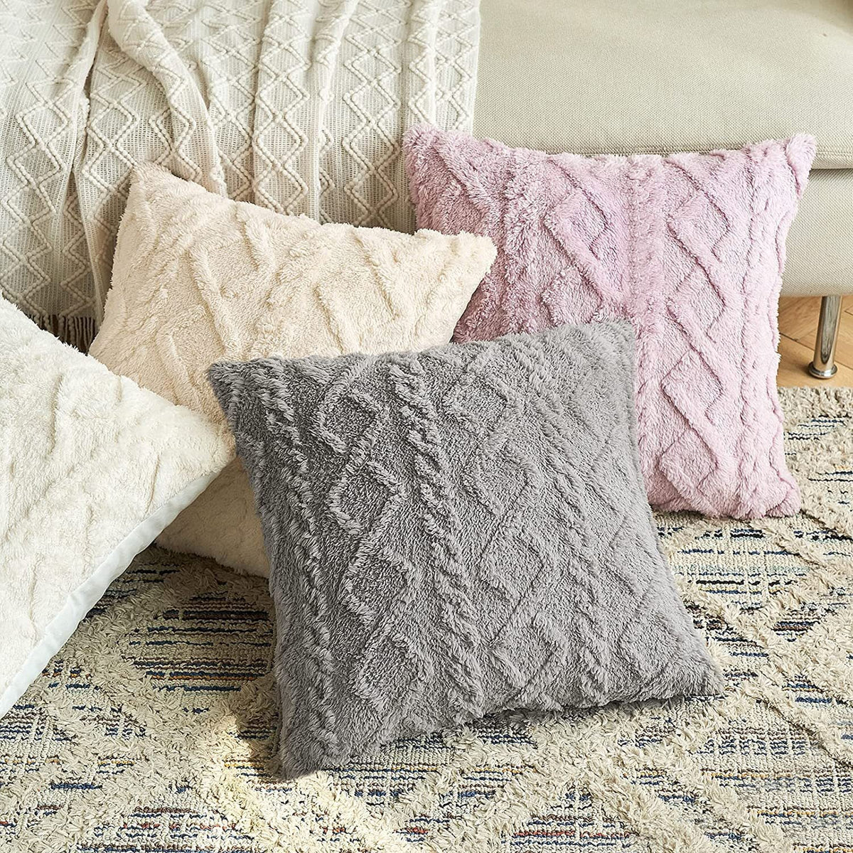 Pillow Cover High-Pile Plush Geometric Tufting Hidden Zipper