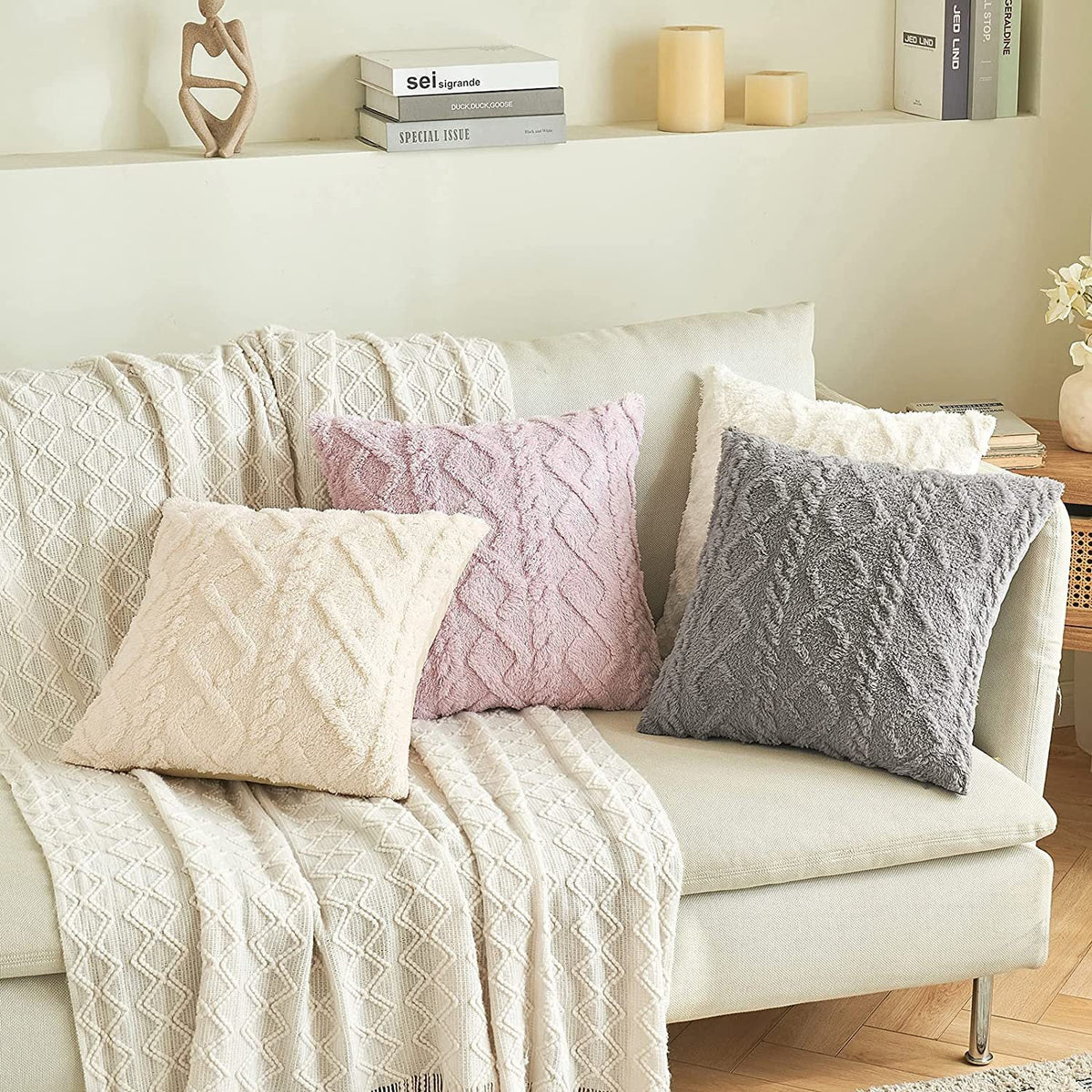 Pillow Cover High-Pile Plush Geometric Tufting Hidden Zipper